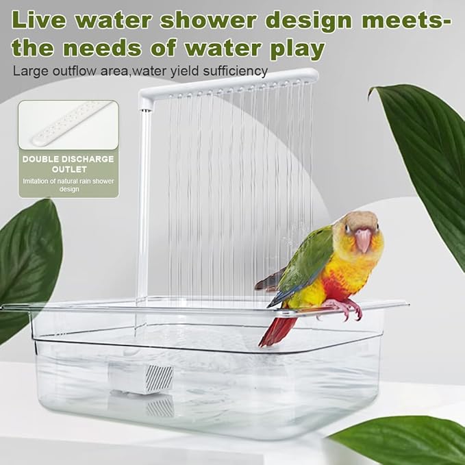 Bird Bath Tub with USB Pump, Automatic Bird Shower with Adjustable Water Flow, Transparent Acrylic Basin & Mesh Perch for Parakeets, Cockatiels, Conures, Budgies, African Greys, Amazons