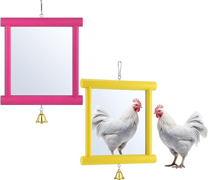 Sadnyy 2 Pcs Chicken Mirror Toys Extra Large 10.6 x 10 Inch Big Hanging Swing Double Side Mirror with Bell Wooden Pecking Toy for Hens Birds Parrots Coop Roosters (Square, Yellow & Rose Red)