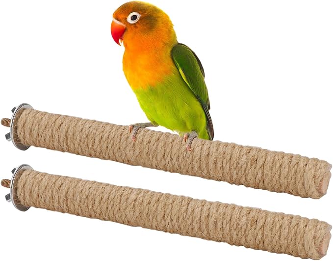 Hypeety Bird Perch Stand Natural Wood Parrot Hemp Rope Perch Birdcage Accessories Perch Standing Toy for Bird Parrot Macaw Cockatoo African Greys Budgies Parakeet 2Pcs (20cm/7.87in)