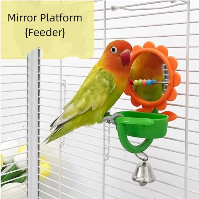 2PCS Multi-Function Bird Bath & Feeder Set, Cute Leaf Shape Bathing Tub with Wheel Toy, Bird Feeder with Flower Shape Mirror & Ringing Bell for Canary Finch Budgie Lovebird Conure
