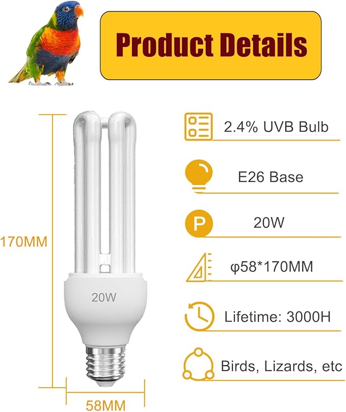 KINGYEENUO 2 Pack E26 UVA UVB Light Bulb for Birds 2.4 UVB 20W Compact Flourescent Lamp for All Kinds Captive Birds, Natural Sunlight Simulation Bird Parrot Light Bulb
