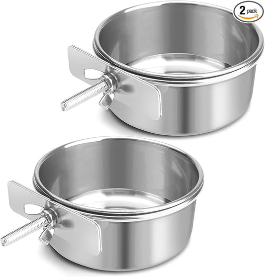 Bird Cage Feeder, Bird Feeder for Cage, 2 Pcs 10oz Stainless Steel Food Water Bowls with Clamp, Hanging Coop Cups for Parrot Cockatiel Hamster Rabbit Rat Small Animals