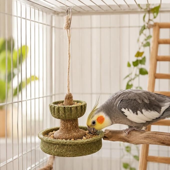 Bird Double-Layer Slow Feeder Toy, Hanging Bird Foraging Toy & Chew Toy, Wishing Well Bird Feeder Toy for Parakeets Budgies Cockatiels Conures Lovebirds, Small to Medium Birds, 7.9 x 7.9 x 9.8 in