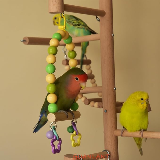 Wooden Bird Cage Swing Perch for Parakeets,Small Parrots Swings Stands with Green Yellow Acrylic Beads Bells, Birdcage Playground Gym Accessories Hanging Climbing Toy for Lovebirds Budgies