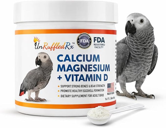 UnRuffledRx™ Bird Calcium Plus with Magnesium and D3, Dissolves Clear and Tasteless in Water, Supports Bone, Muscle, Feather and Egg Health, 45 Servings, Made in FDA-Registered USA Facility