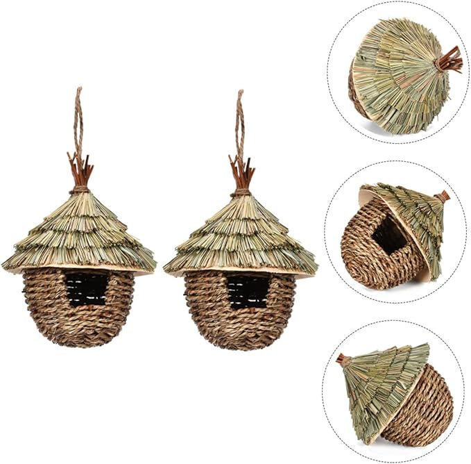 LIOOBO 2pcs Straw Bird's Nest Handwoven Bird Woven Bird House Hanging Bird Delicate Parrot Nest Hanging Parrot Nest Parrot Accessory Rough Bird Nest Parakeet Nest Parrot House Grass