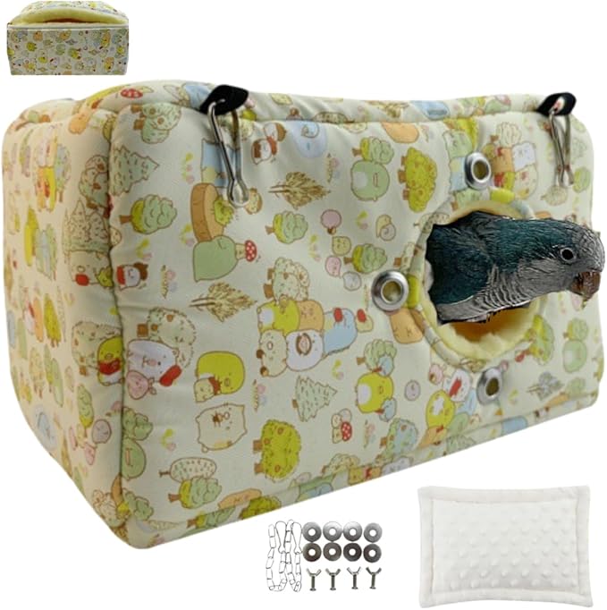 Large Winter Warm Bird Nest House, Zipper Design On the Back for Easy Cleaning, Bird Bed for Cage, Parrot Nest Snuggle Shed Hut, Easy to Install for Quakers Lovebirds Conures Budgies (Yellow,Medium)