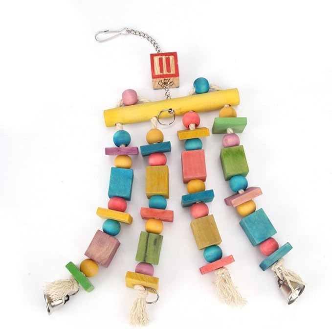 Litewoo Parrot Hanging Chew Toy Bird Bite Swing with Colorful Wood Beads Bells for Parrot Macaw African Greys Cockatiels Cage Accessories (Hanging with Bell Toy)