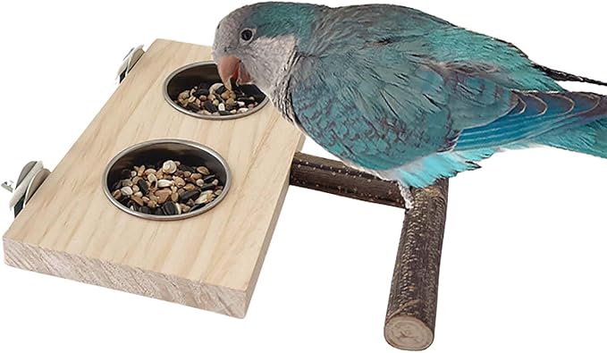 Bird Food Stainless Steel Cups Wooden Perch Stand Hanging Feeder Bowls Feeding and Watering Supplies for Parakeets Conures Cockatiels Budgie Parrot (with Two Cups)