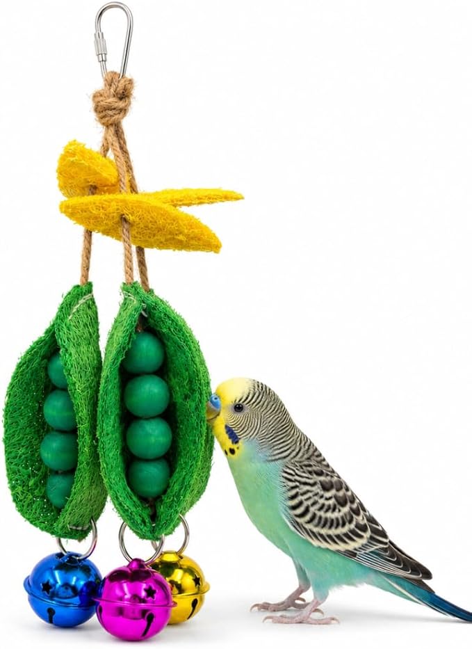 Loofah Bird Toy for Parakeets, Triple Pea Pod Hanging Bird Chew Toy with Wooden Beads & Colorful Bells, Bird Cage Accessories for Budgies, Cockatiels, Lovebirds, Conures
