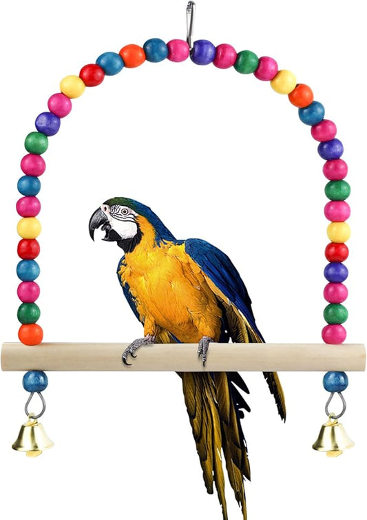 Wooden Bird Swing, 9 Inches Hanging Birds Cage Perches with Playing Bell, Natural Bird Chew Toys Boredom Breaker Bird Toys for Parakeets, Budgie, Cockatiel (Colorful, L)