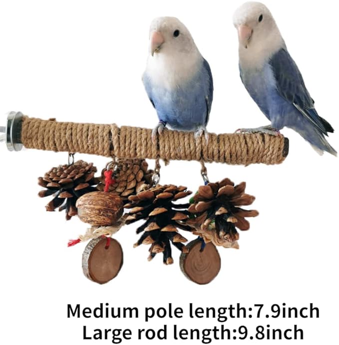 Bird Perches Stand Bird Hemp Perches with Chewing Toys, Birdcage Wood Stand Tree Perches for Birds Cockatiels Parrots Conures Macaws Finches (Medium)