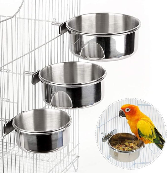 3PCS Stainless Steel Bird Feeder for Cage Parakeets, 3 Different Size, Bird Feeding Dish, Parrot Feeding Cups, Animal Cage Water Food Bowl