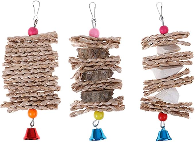 Parrot Bird Chewing Toys Dry Straw Natural Wooden Grass Chew Bite Hanging Cage Bell Swing Climb Chew Toys Parakeets,Cockatiels,Lovebirds Foraging Toys Bird Supplies