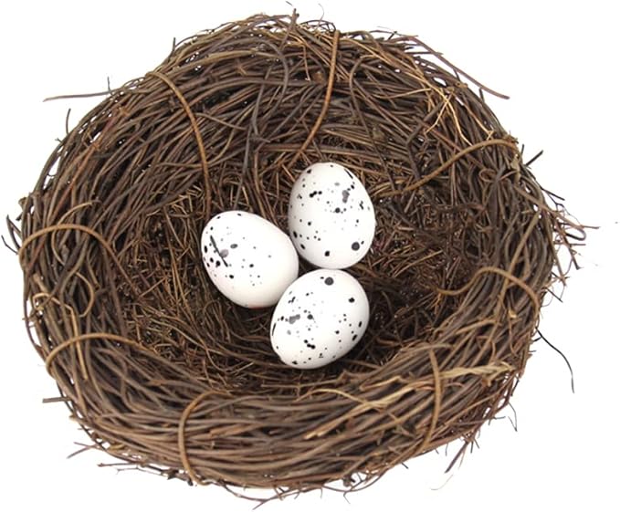 Artificial Birds Nest, 4 Set Handmade Natural Rattan Nest Decor with Foam Eggs for DIY Crafts Garden Yard Home Party Easter Decoration