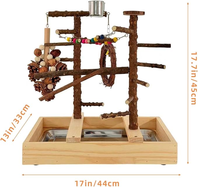 Bird Playground, Natural Wood Bird Play Stand with Stand Perch, Swing, Toy, Two Food Cups, and Removable Tray, Suitable for Lovebirds, Cockatiels, Budgies, Parakeets, and Other Birds