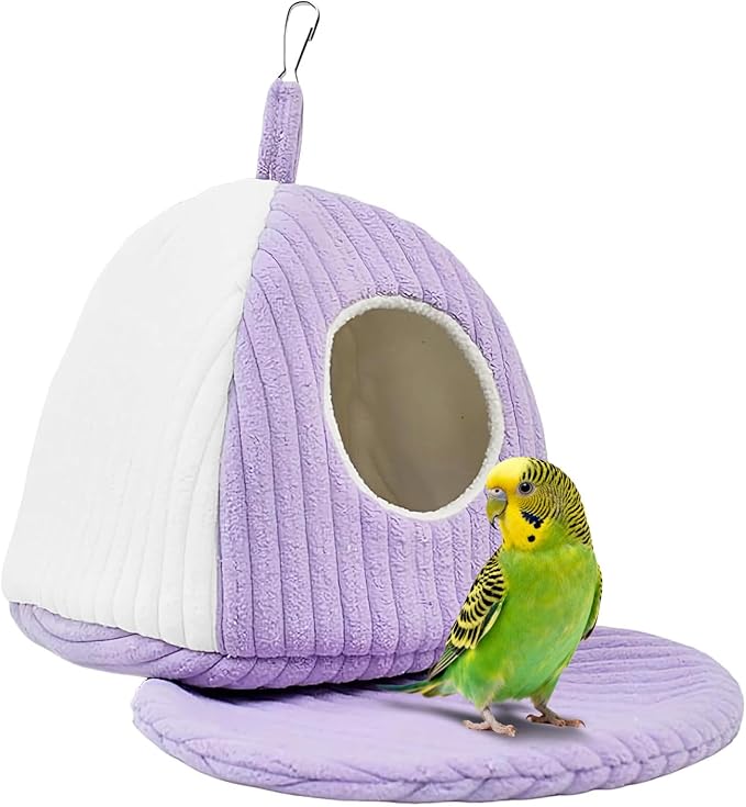 Bird Hanging Hammock Nest Parrot with Soft Plush Hanging Hammock & Hut Tent for Cage Winter Bird Hideaway Hut for Cockatiels Budgies Parakeets Lovebirds Conures Hamsters (Purple White S)
