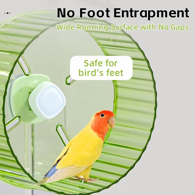 Bird Wheel Toy, Silent Parrot Exercise Wheel Interactive Rotating Toy for Small Medium Birds - Parakeets Cockatiels Conures Lovebirds Finches - Bird Cage Enrichment Accessory (L (8.3''D),Clear)