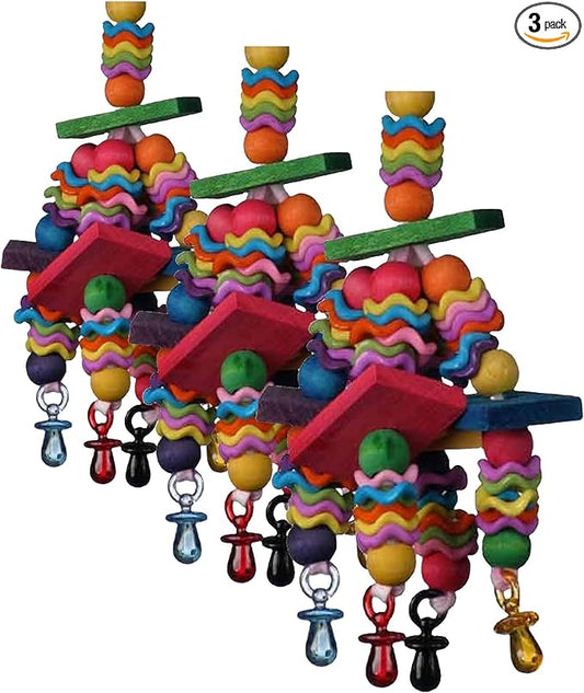 Super Bird Creations SB736 Wiggles and Wafers Bird Toy - Interactive Enrichment for Conures, Quakers, Caiques, Pionus, Senegals - Wooden, Acrylic Beads, Pacifiers - Medium Bird Size, 3” x 5” x 9”