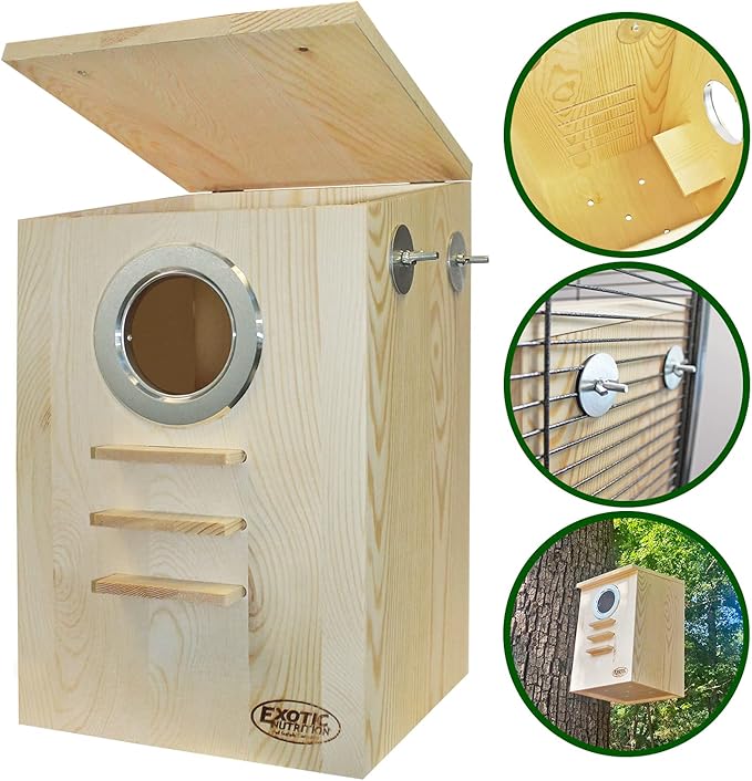 Squirrel Nest Box - Cage Attachment, Hinged Lid, Perching Ledge - for Squirrels, Sugar Glider, Rat, Finch, Parakeet, Lovebird, Canary, Cockatiel, Other Birds & Small Pets