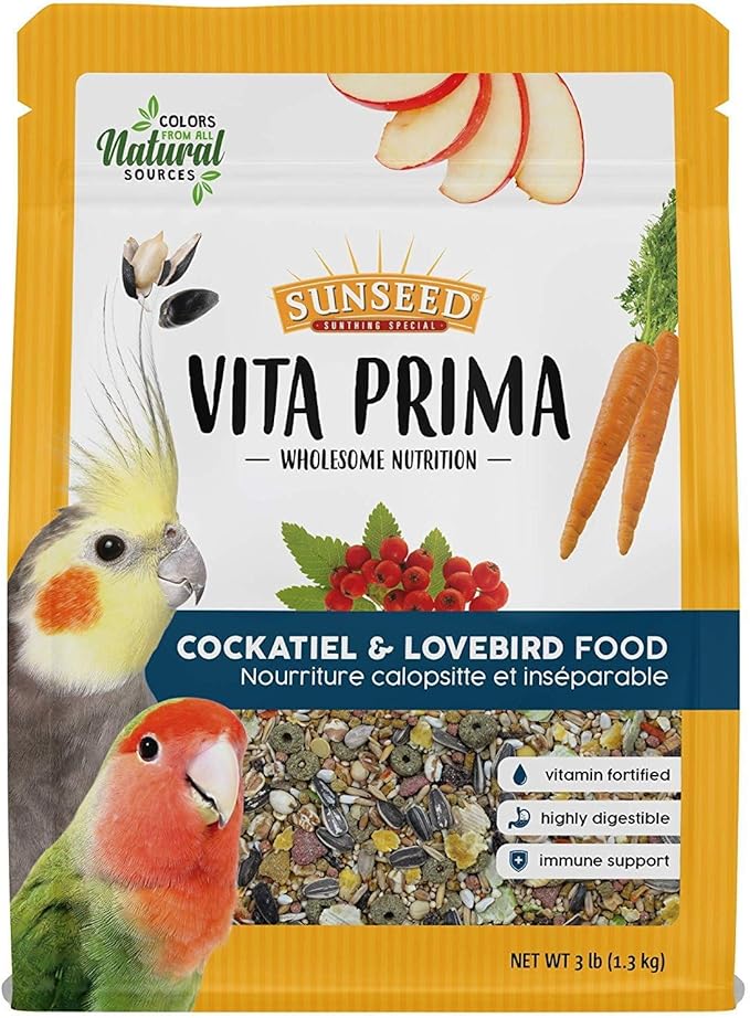 Sunseed Vitakraft Vita Prima Cockatiel and Lovebird Food 3 lb Bag with Wholesome Daily Nutrition Natural Seeds Grains Fruits and Vegetables Fortified with Vitamins Minerals for Strong Healthy Birds