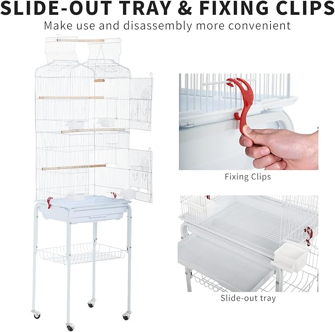 HCY Open Top Standing Bird Cage 64 Inch with Rolling Stand for Parakeets Cockatiel Parrots Lovebirds Medium Small Bird Cage-White L17 * W13 * H64 inches