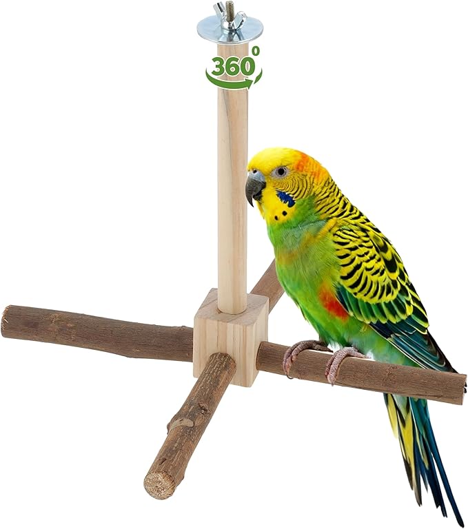 Rotating Bird Perches, Natural Wooden Perch with Chew Toy, Bird Toys for Small & Medium Birds, Small, Natural Wood Color, 1 Set