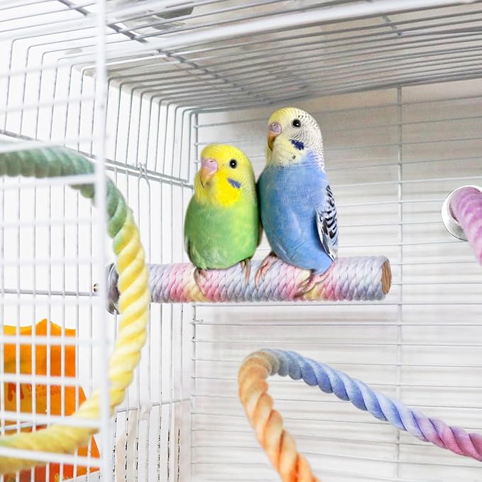 WishLotus Parrot Rope Perch, 31 in Rope Perches for Bird Cages with 2 Small Stand Pole, Flexible Fade Color Perch Rope Swing for Paw Grinding Standing Climbing (A, 31 in+6.6 in)