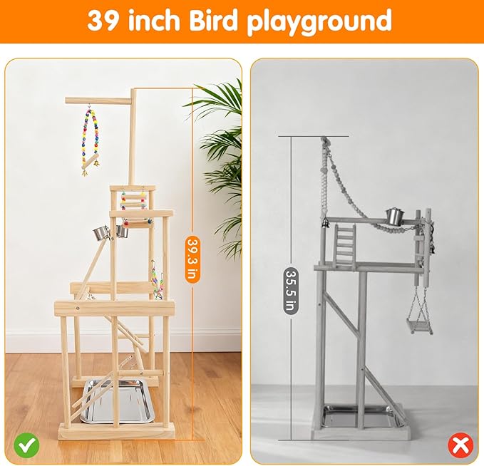 Bird Playground 4 Tier, Parrot Perch Stand Bird Play Stand with Feeder Cups, Ladder, Chain Toy, Swing and Detachable Tray, Parrot Playground for Parakeet Conure Cockatiel Lovebird Budgie