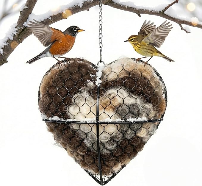 Handmade Alpaca Fiber Bird Nesting Heart - Refillable Bird Nesting Material Holder & Garden Decor - Alpaca Wool for Bird Nesting Dispenser & Nesting Material for Wild Birds Station (Black)