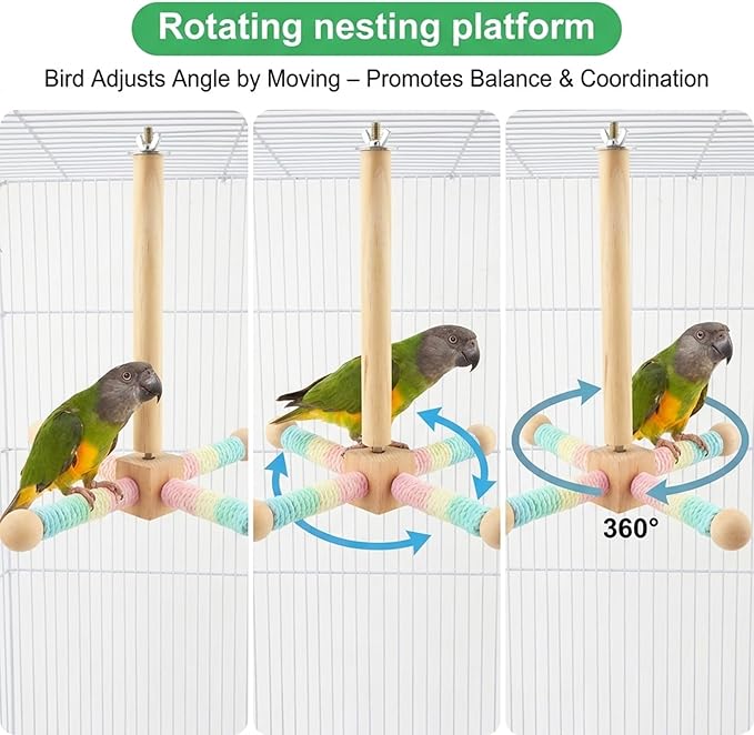 Hanging Bird Perch Toy, Parrot Interactive Rotating Perch, 360°Silent Free-Spin, Wooden Bird Cage Accessories for Standing, Climbing and Perching