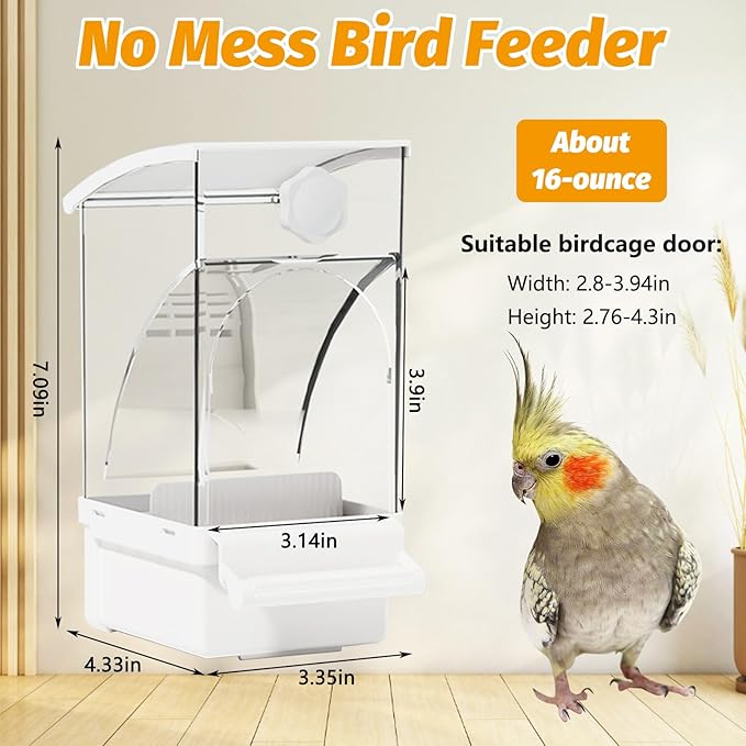 BNOSDM No Mess Bird Feeder Transparent Automatic Bird Cage Feeder with Perch Acrylic Parrot Food Container Parakeet Cage Accessories for Parakeets, Budgies, Cockatiel, Finch, Canary, Lovebird (White)