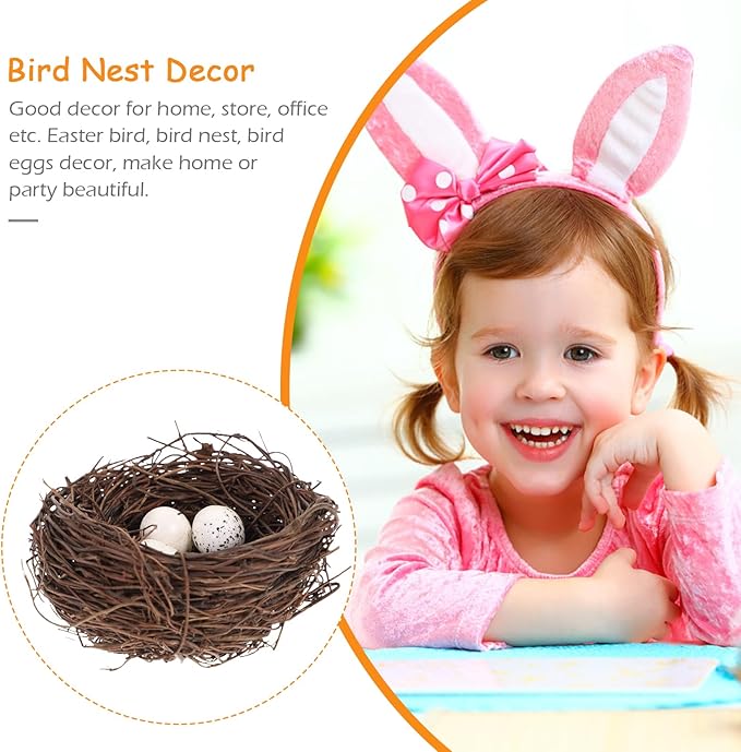 PRETYZOOM Artificial Bird Nest Decor Set with 4 Rattan Nests & 12 Speckled Eggs, 3.93 x 3.93 x 1.96 in, Realistic Nature-Themed Easter Party Favors, DIY Crafts & Home Office Decoration