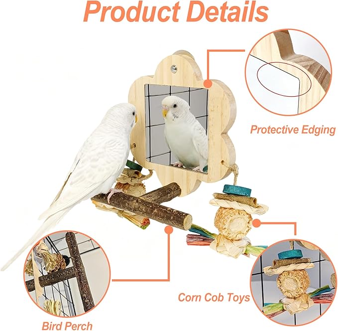 Bird Mirror with Perch, Cockatiel Mirror for Cage, Parakeet Toys with Chew Toy,Bird Cage Accessories for Parrot Conure Lovebirds Finch Canaries (Corn Cob)