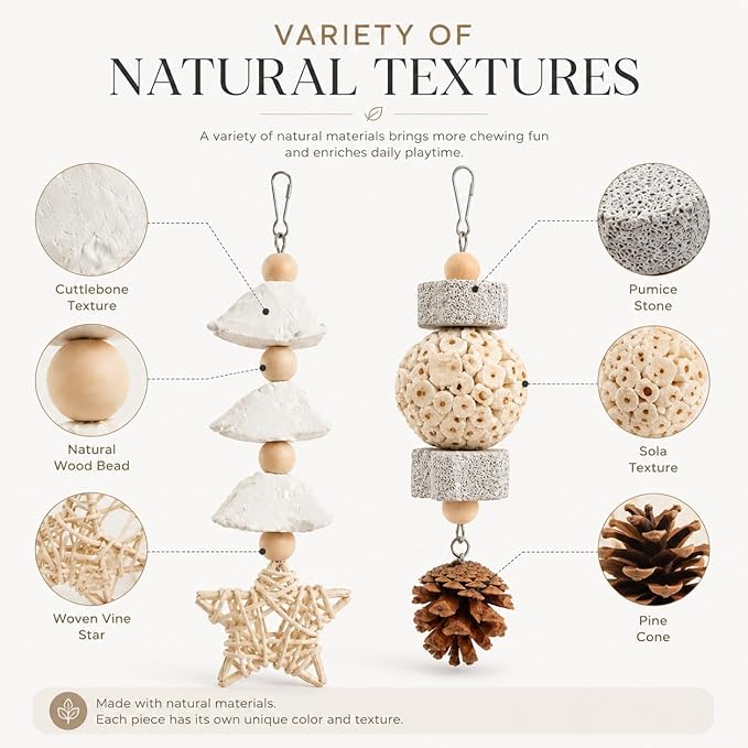 2 Pack Natural Bird Toys for Small Birds, Cuttlebone & Sola Chew Toy Set with Pumice Stone, Pine Cone and Rattan Star, Hanging Cage Accessories for Cockatiels, Budgies, Lovebirds and Conures