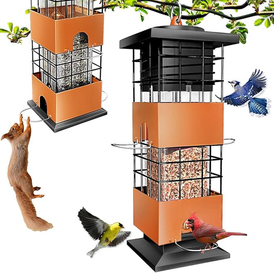 Squirrel Proof Bird Feeder, 3Lbs Metal Anti-Squirrel Bird Feeders for Outdoors, Weight-Activated Perches Hanging Wild Birdfeeder for Blue Jay, Cardinal (Brown)