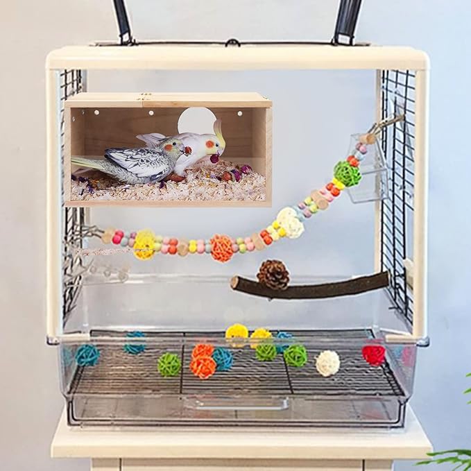 Rypet Parakeet Nesting Box Transparent Design, Thwartwise Bird Nest Breeding Box with Perch Wood Bird Cage House for Cockatiel Lovebirds Budgie Finch Parrotlets Canary M