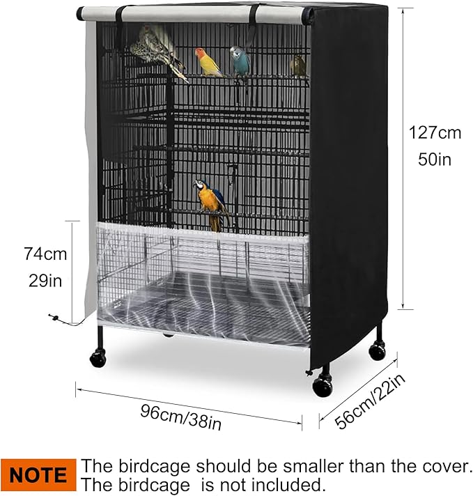 Bird Cage Cover, 600D Universal Parrot Cage Cover for Night, 100% Shading Oxford Cloth with Waterproof PU Coating Layer, Adjustable Soft Airy Nylon Mesh Net
