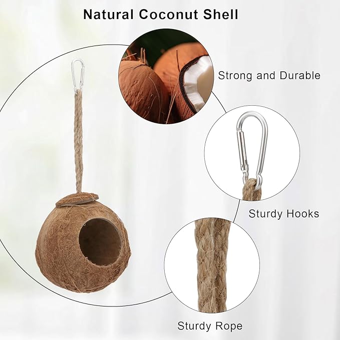 Hypeety Natural Coconut Shell Bird Nest House Hut for Pet Parrot Canary Finch Pigeon Cage Hamster Rat Gerbil Mice Cage Seed Feeder Toy (with Sturdy Hook)
