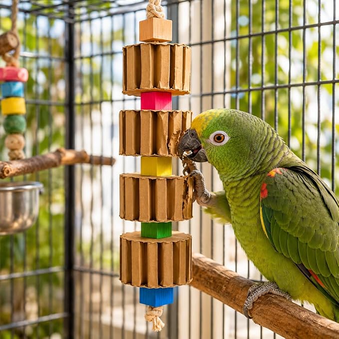 Bonka Bird Toys 3750 Big Quad Blocks N Cube 12" Wood and Metal Hanging Chew Toy for Medium to Large Birds Parrot Cage Enrichment