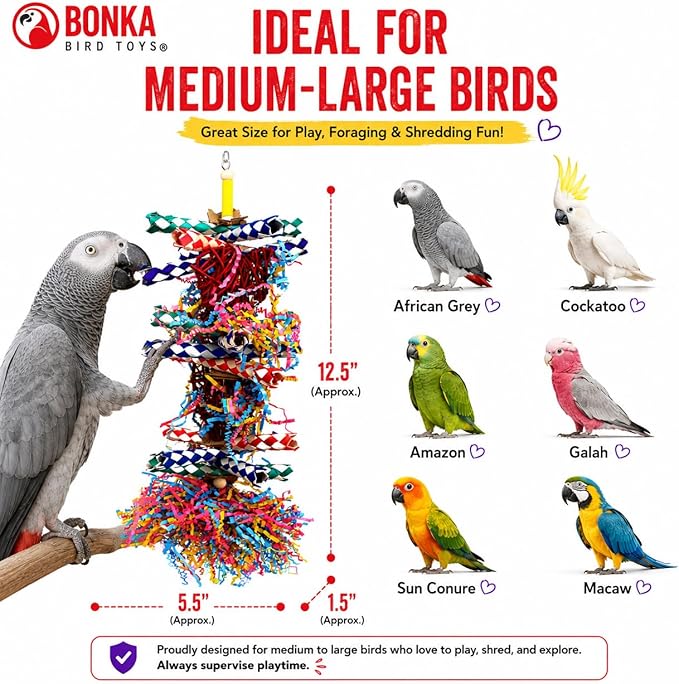Bonka Bird Toys 1042 Huo Foraging Hearts Bird Toy for Medium Large Birds Interactive Shredding and Chewing Cage Toy Colorful Palm Leaf and Paper Enrichment Toy 12.5"