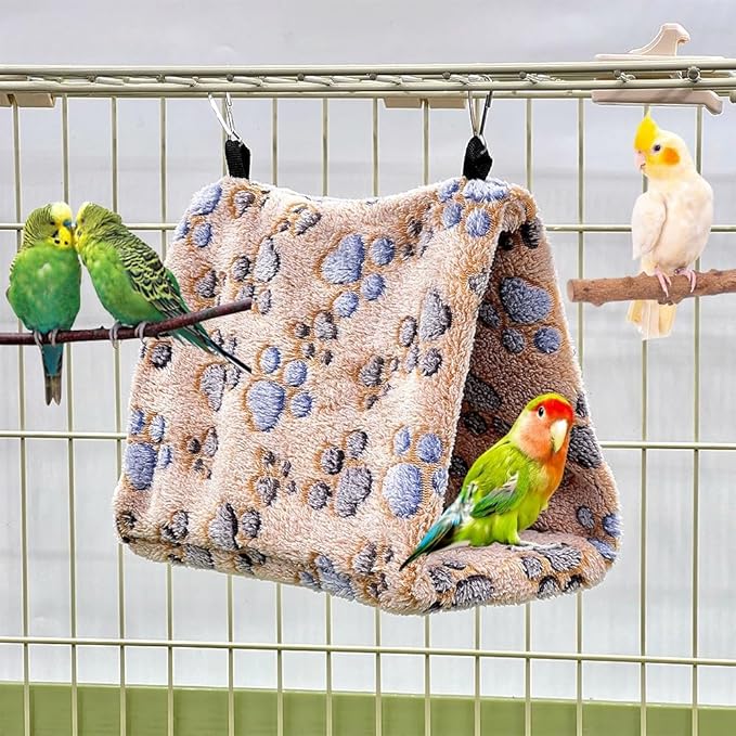2 Pack Bird Nest Plush Snuggle Bird Hammock Hanging Bird Cave Parrot Sleeping Bed Shed Hut Hanging Tent for Budgies Finch Parakeet Cockatiel Cockatoo Lovebird-Foot Pattern (Brown&White)