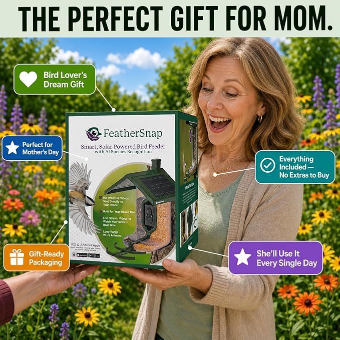 FeatherSnap Smart Bird Feeder with Camera – Solar Powered, AI Bird ID, 1080p HD Night Vision – Pole, 2 Seed Bags, 32GB SD Card & Cleaning Cloth