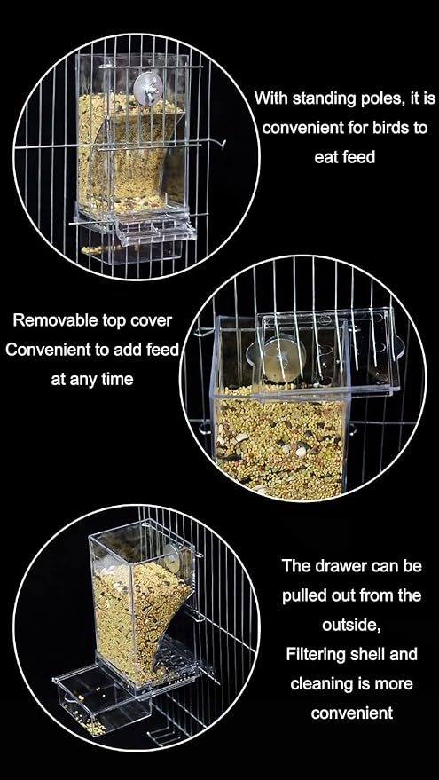 No Mess Bird Feeder,Bird Feeder for Cage,Automatic Acrylic Parakeet Feeder Cage Accessories for Small Birds Parrot Parakeets Canary Cockatiel Finch(Transparent)
