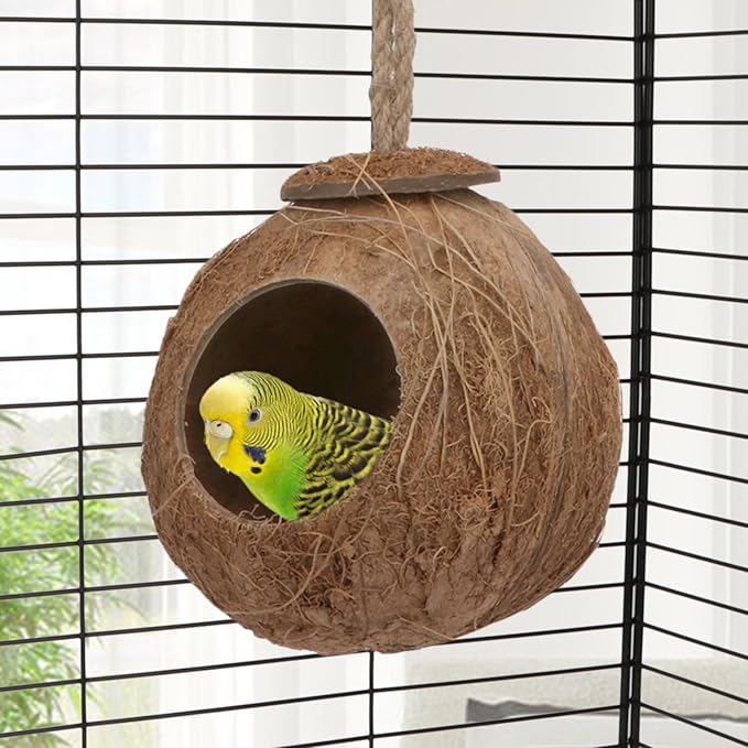 Hypeety Natural Coconut Shell Bird Nest House Hut for Pet Parrot Canary Finch Pigeon Cage Hamster Rat Gerbil Mice Cage Seed Feeder Toy (with Sturdy Hook)