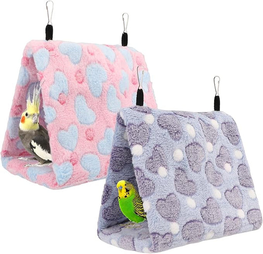 2PCS Bird Bed for Cage, Warm Cozy Hanging Bird Hammock Hut Tent for Parrot, Finch, Budgies, Parakeets, Cockatiels, Soft Plush Hideaway Bird Hut Beds (Pink+Purple)