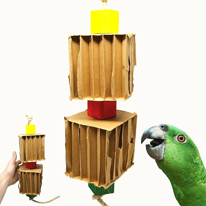 Bonka Bird Toys 3748 Big Duo Blocks N Cube Wood Hanging Chew Toy 12" Natural Hardwood and Rope for Medium to Large Parrots Cage Enrichment and Beak Conditioning