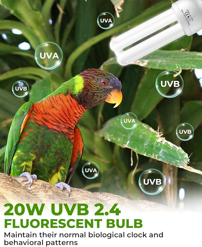 GlowUp UVB 2.4 Bird Cage Light Combo Kit, 20W UVB Bird Light Bulb, Deep U-Shaped Lamp Fixture with Compact Fluorescent Bulb E26 for Captive Birds, Reptiles
