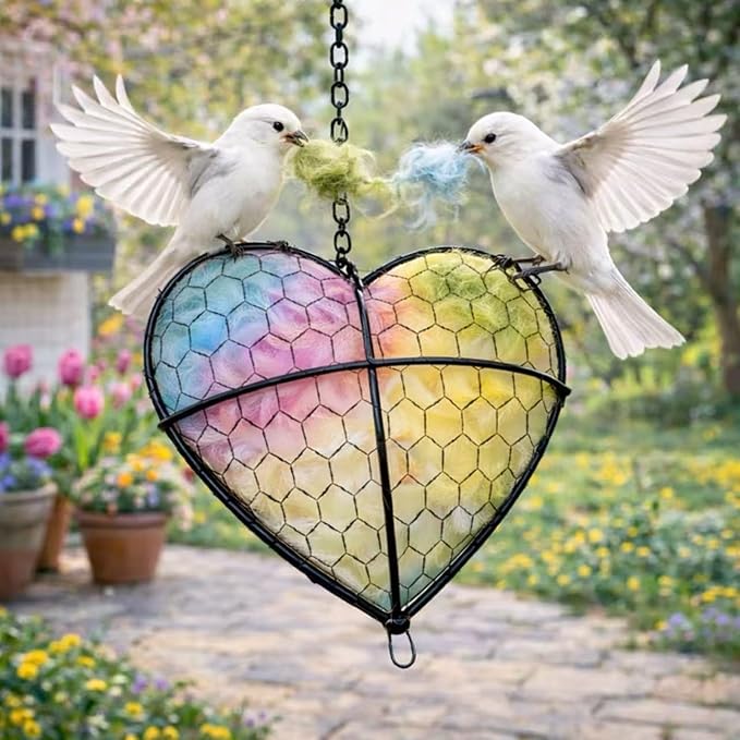 Handmade Alpaca Fiber Heart Bird Nesting Holder for Garden Birds — Cozy Outdoor Gift-Pastel