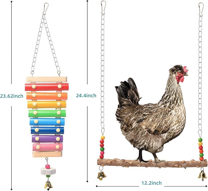 Chicken Toys for Coop 7PCS, KAKUNM Chicken Xylophone, Swing Set, Mirror Toy, Flexible Ladder, Vegetable String Bag and Hanging Feeder